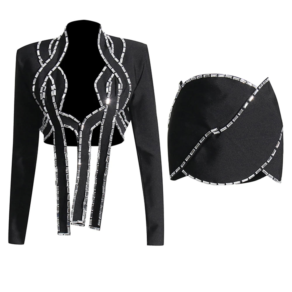 TWOTWINSTYLE Hollow Out Two Piece Sets For Women V Neck Long Sleeve Tops High Waist A Line Skirt Summer Set Female Fashion New BLACK