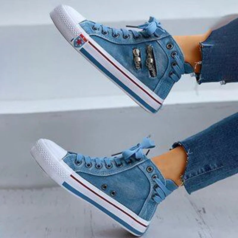 Spring/Autumn Casual Shoes Trainers Walking Skateboard Lace-up Femmes Women Retro Fashion Sneakers Denim High Gang Canvas Shoes