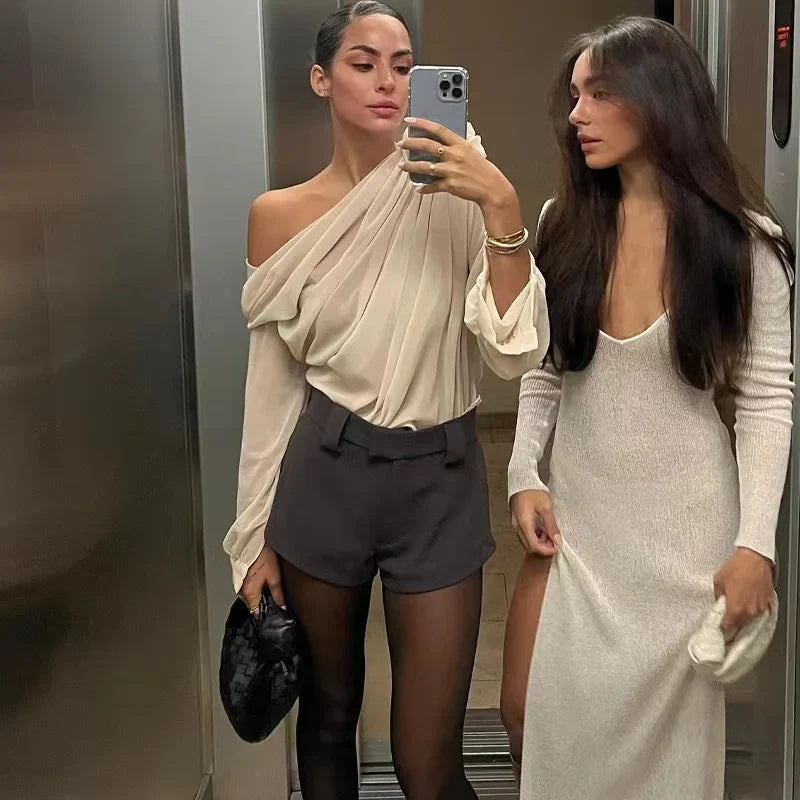 New Sexy Skew Collar Floral Applique Mesh Chiffon Tops For Women Elegant Fashion Club Cropped Tops See Through Pullover