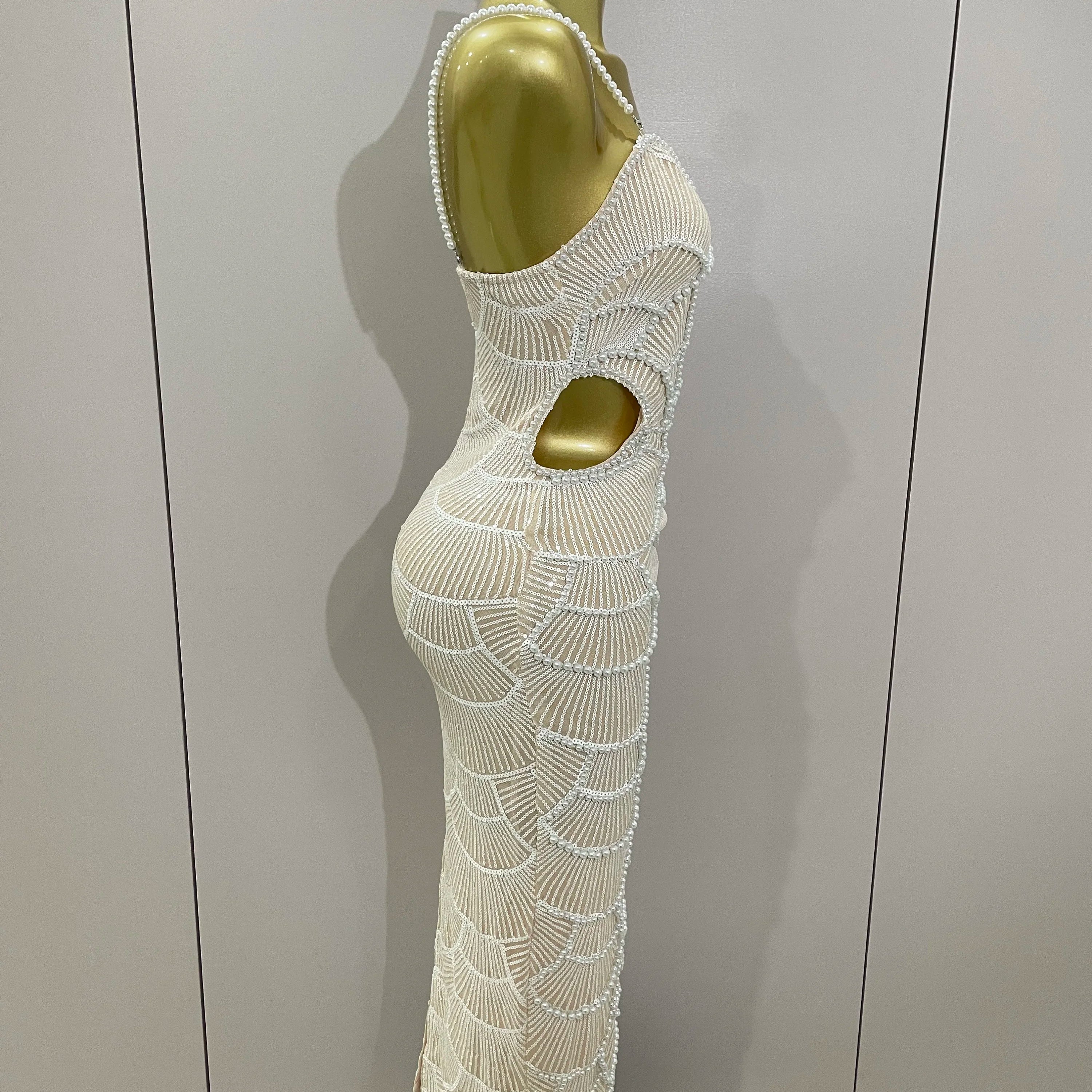 Women Hot Sale Sleeveless Sexy Strap Pearl Beading Sequins Bodycon Long Dress Celebrate Evening Party Birthday Outfit Vestido