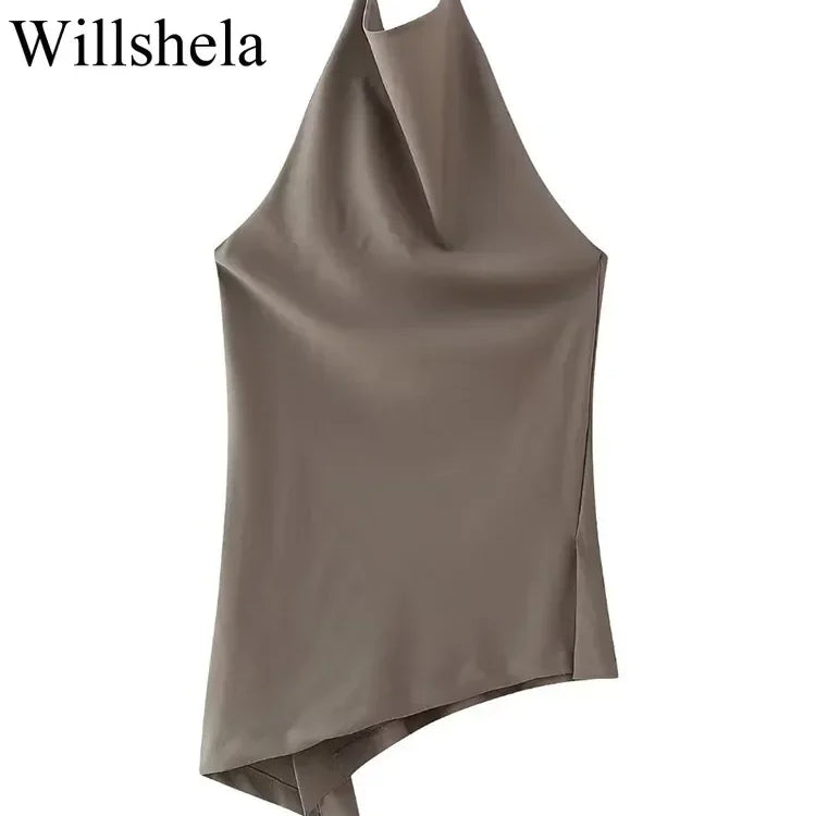 Women Fashion Two Piece Set Brown Pleated Halter Neck Tops & Straight Pants Vintage Female Chic Lady Pants Suit