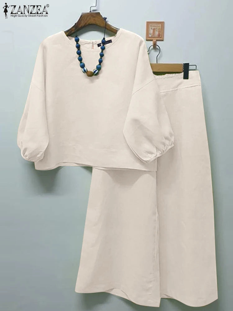 Summer Matching Sets 2PCS Women Urban Tracksuits 3/4 Sleeve O Neck Blouse & Wide Leg Pant Sets Holiday Suit Outfits