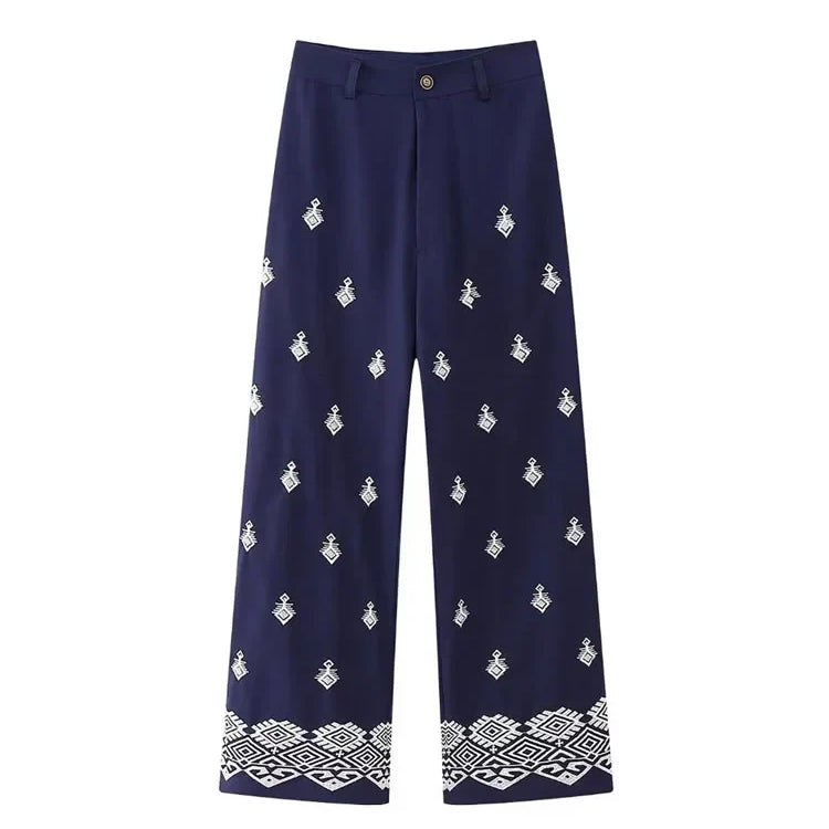 TRAF Women Fashion Embroidery Linen Straight Pants Vintage High Waist Zipper Fly Female Ankle Trousers Mujer