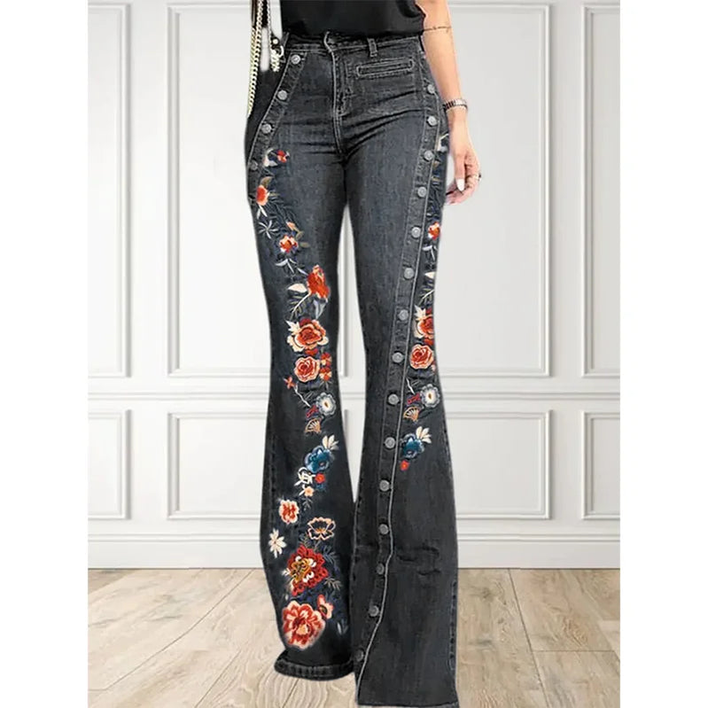 Plus Size Women Jeans Plain Button Decor Flare Leg Long Denim Pants Floral Embroidery Female High Waist Button Wide Leg Jeans
