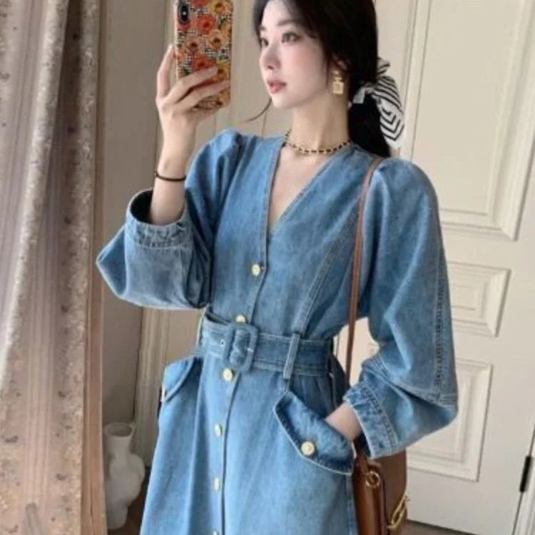 Dresses for Women Autumn V-Neck Temperament Cowboy Dresses LOOSE Solid Robe Korean Fashion Versatile A-line Long Dress Blue