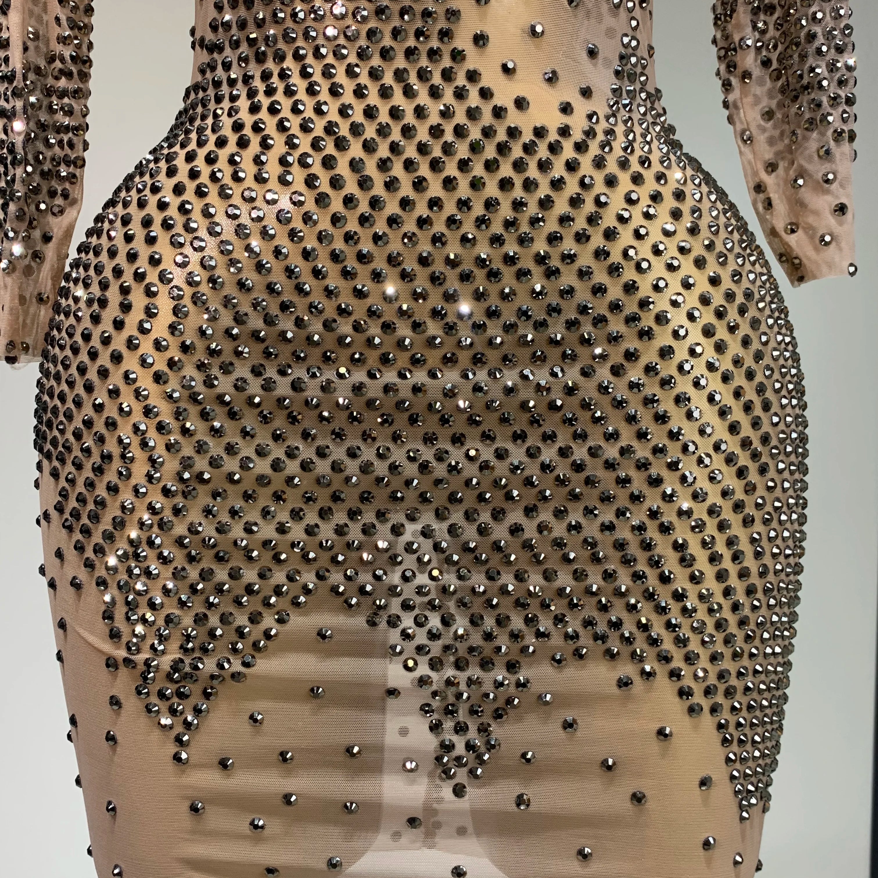 Luxury Birthday Rhinestones Half Sleeve Transparent Mini Dress Women 2025 Sexy Mesh Stretch Performance Celebrity Stage Wear