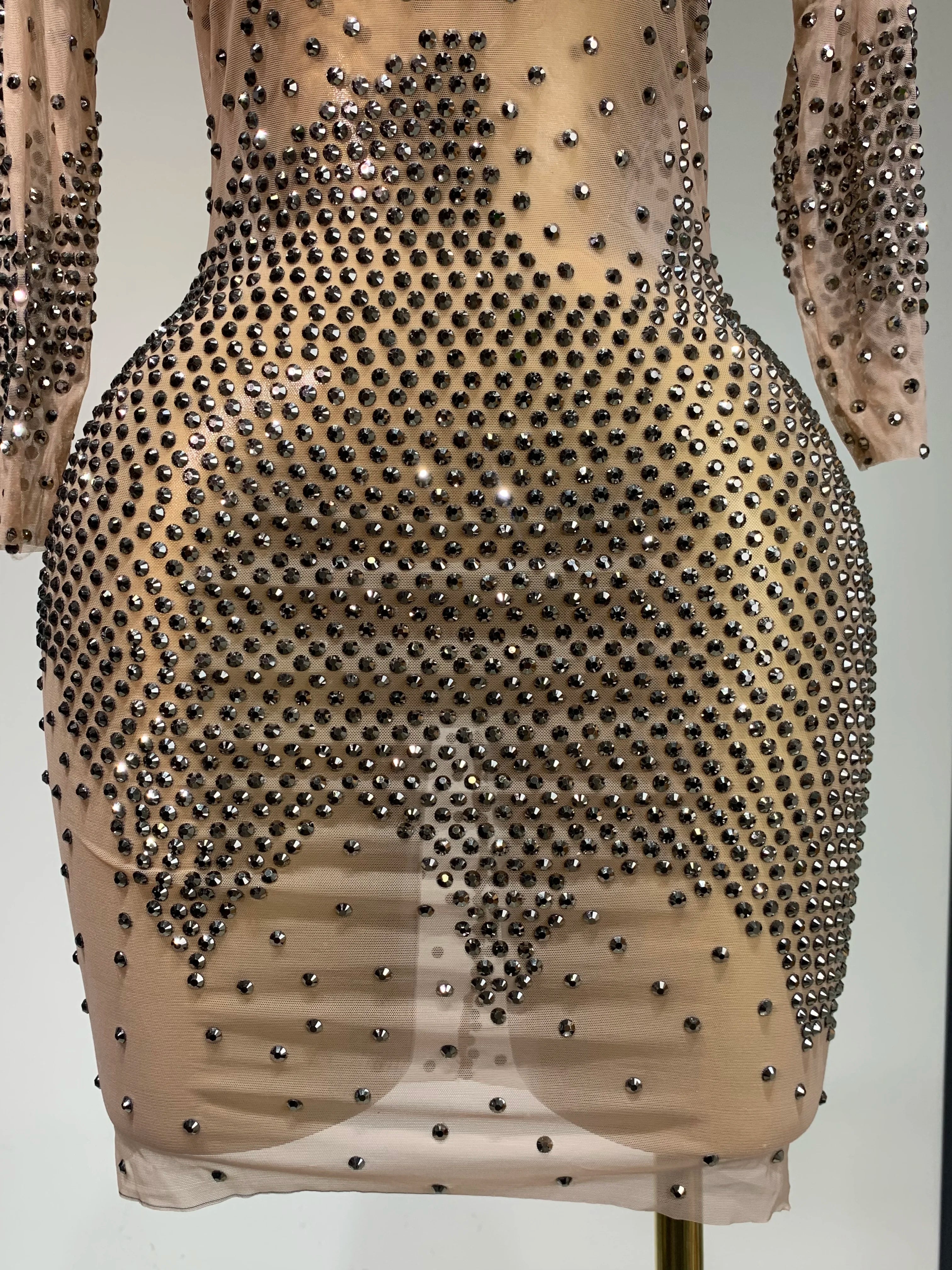 Luxury Birthday Rhinestones Half Sleeve Transparent Mini Dress Women 2025 Sexy Mesh Stretch Performance Celebrity Stage Wear