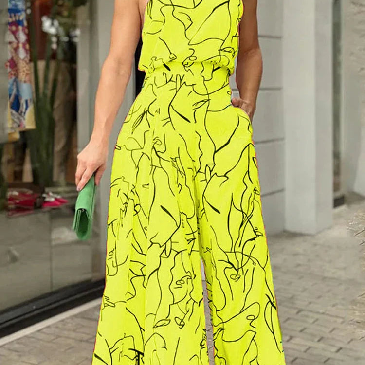 Women's Elegant Waist Halter Jumpsuit Casual Print Tie Sleeveless Wide Leg Long Pant Summer Clothing Yellow