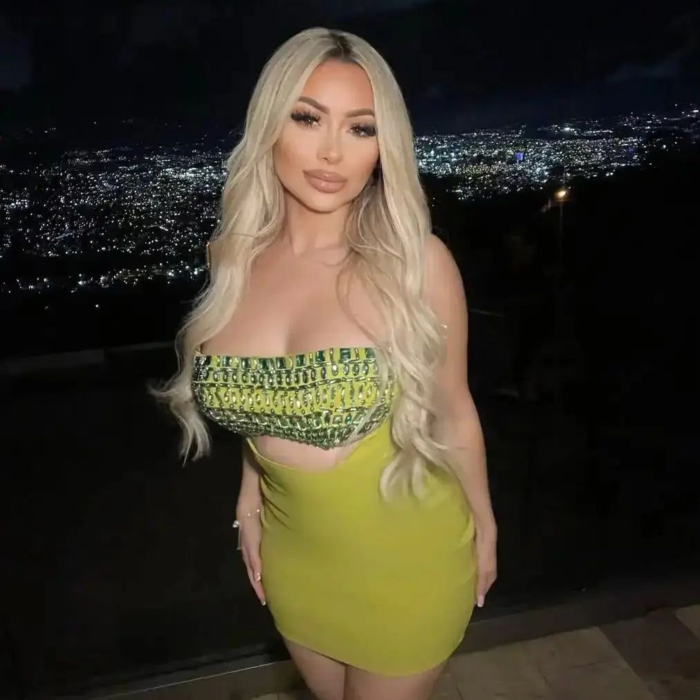 2025 Shining Diamonds Sexy Hollow Strapless Sheath Green Bandage Mini Dress Fashion Woman Party Dress Music Festival Outfit