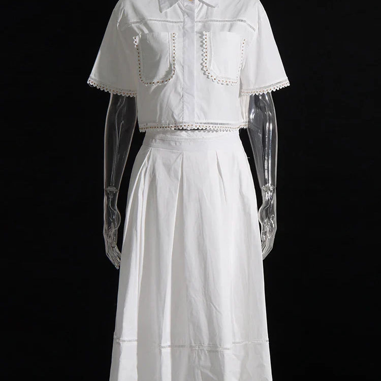 TWOTWINSTYLE Solid Summer Two Piece Sets For Women Lapel Short Sleeve Tops High Waist A Line Skirt Slim Set Female Fashion New White