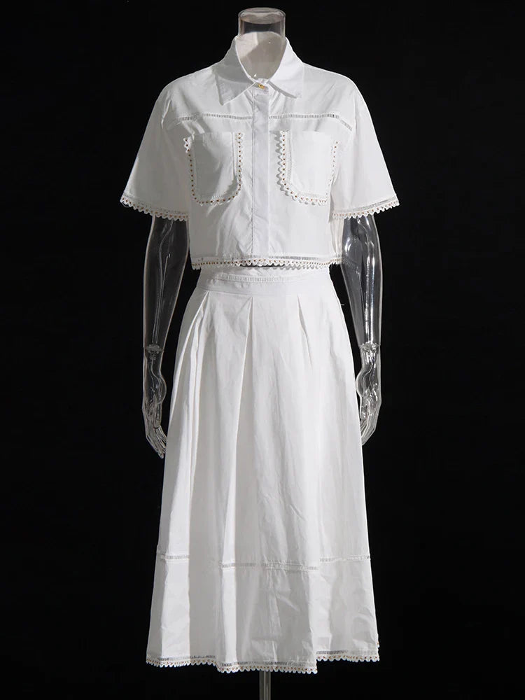 TWOTWINSTYLE Solid Summer Two Piece Sets For Women Lapel Short Sleeve Tops High Waist A Line Skirt Slim Set Female Fashion New White