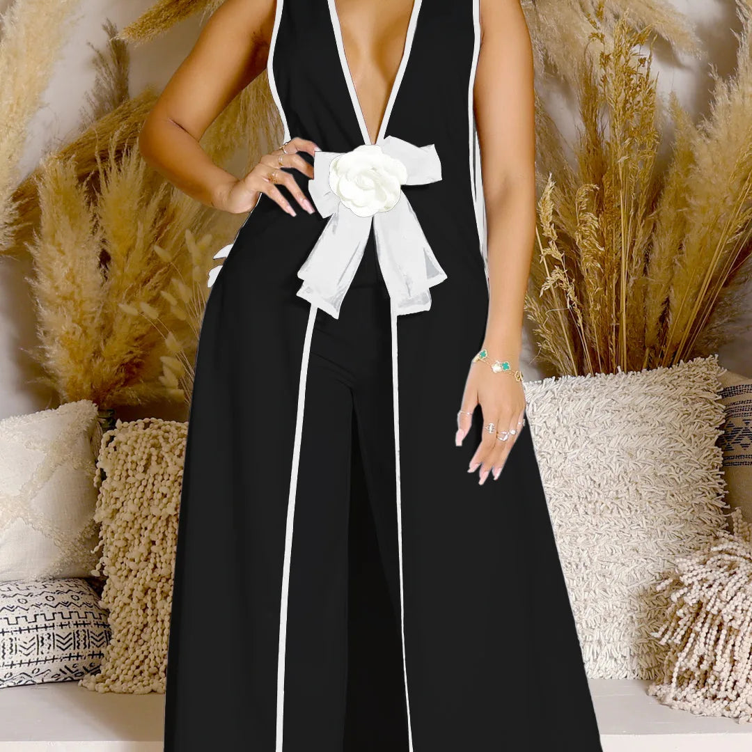 CM.YAYA Women Set 3D Flower Sleeveless V-neck X-long Shirt Coats + Wide Leg Pants Two 2 Piece Sets Fashion Outfits 2024 Summer