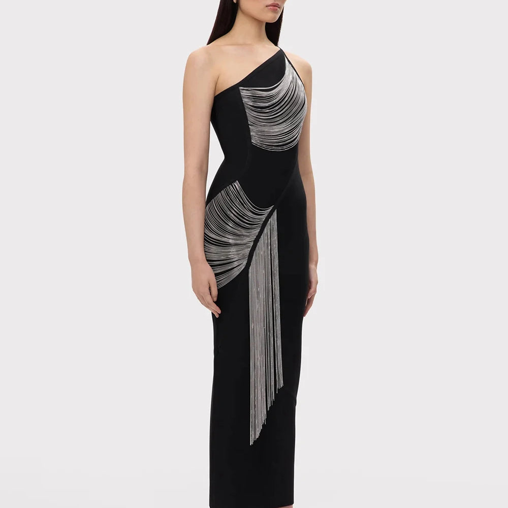 Women Sexy One shoulder Tassels Black Maxi Bodycon Bandage Dress 2025 Summer Elegant Cocktail Evening Club Party Gowns