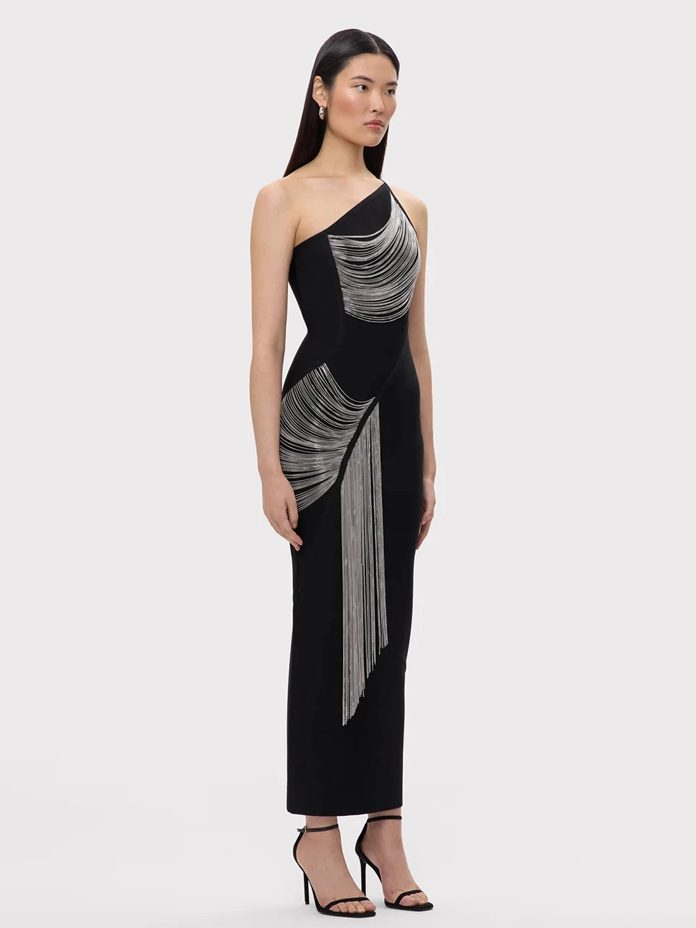 Women Sexy One shoulder Tassels Black Maxi Bodycon Bandage Dress 2025 Summer Elegant Cocktail Evening Club Party Gowns