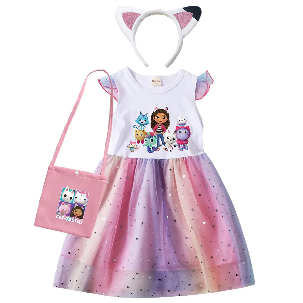 Adorable Cartoon Gabby Cats Fly Sleeve Baby Girl Dress with Bag and Headband Kids Gabby's Dollhouse Cosplay Costume A3pcs