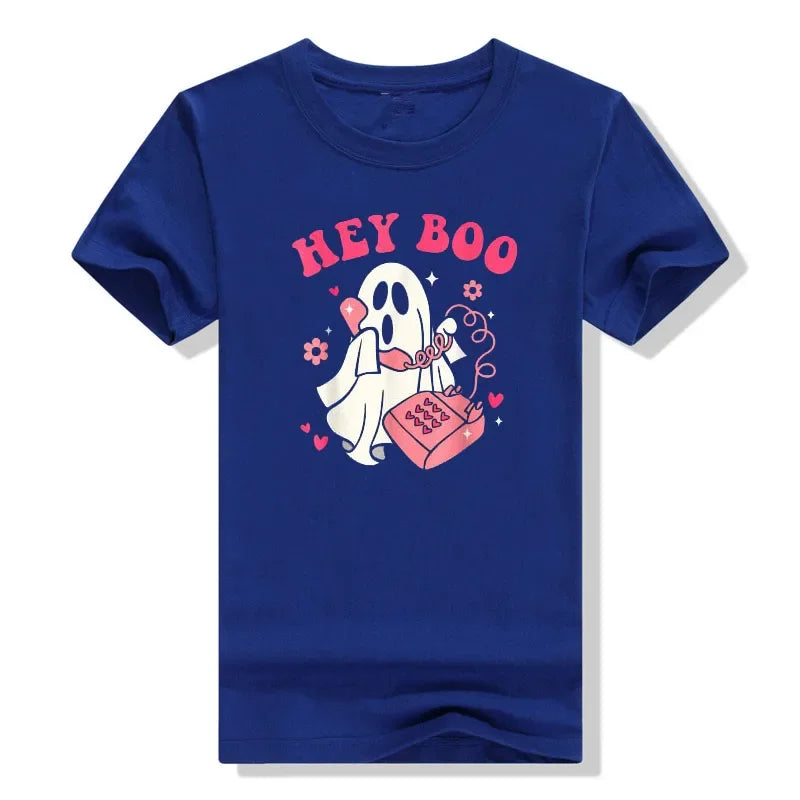 Hey Boo Funny Halloween Costume Spooky Season Scary Ghost T-Shirt Gift Gothic Style Streetwear Clothes Horror Graphic Tee Tops Blue