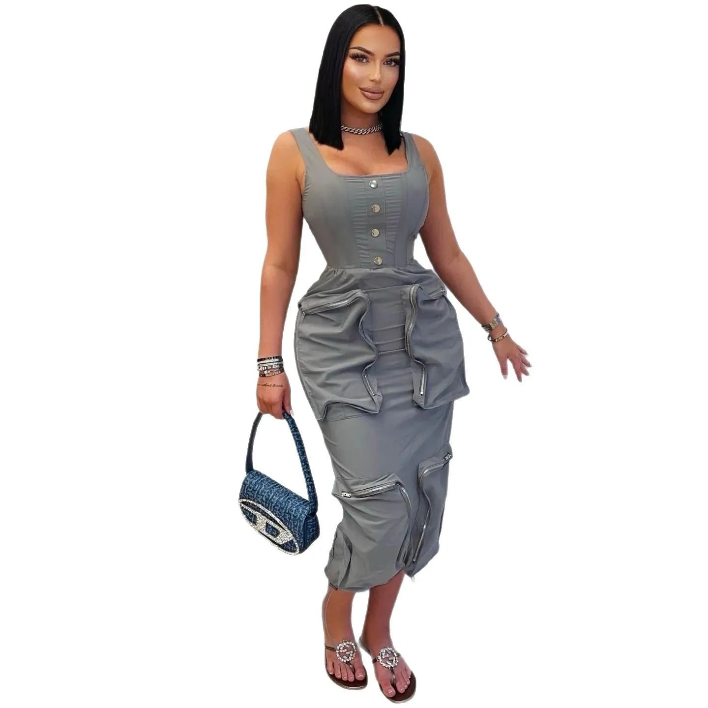 CM.YAYA 2025 Summer O-neck Mult Pockets Cargo Midi Long Dress Women Sleeveless Casual Bodycon Night Club Party Dresses Vestidos