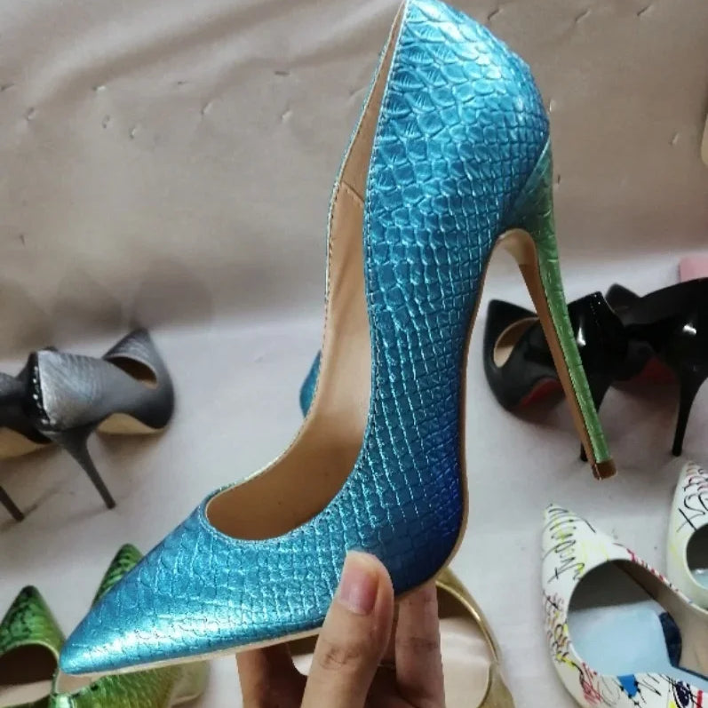 White Snake Pattern Pumps Shallow Pointed Toe High Heels Pull On Luxury Shoes Solid Scales Metallic Sandalias De Mujer 12CM