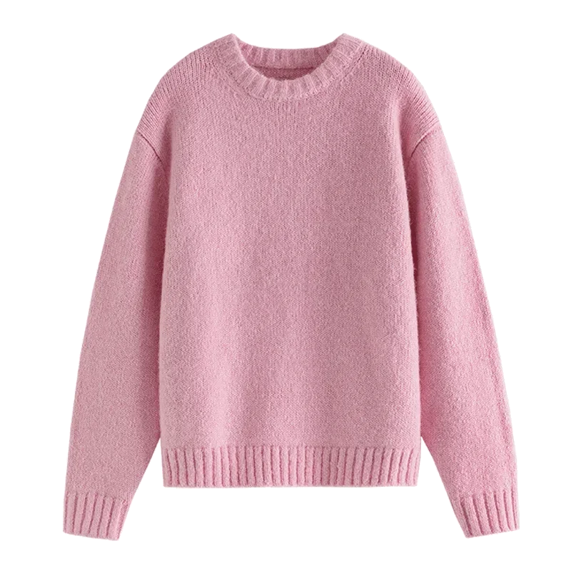 Warm Soft Waxy Round Neck Pullover Sweater for Women Winter All-match Loose Sweater Female Pink