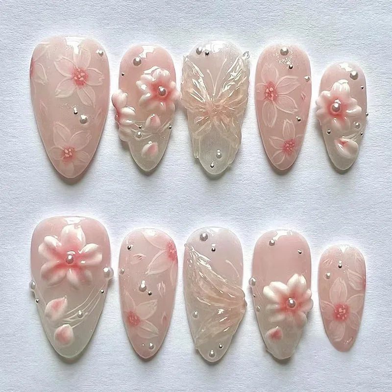 24Pcs White French Full Cover Fake Nail Tips with Pearl Reusable Short Almond False Nails Colorful Flowers Design Press on Nails