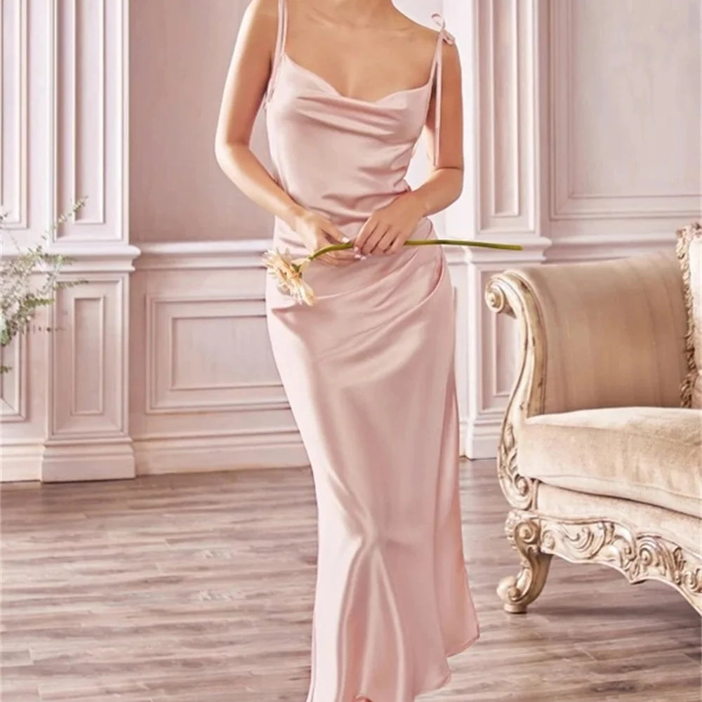 Sage Green Cowl Neck Tie Straps Satin Summer Beach Midi Women Dress Sexy Slit Short Evening Party Dresses for Bridesmaid