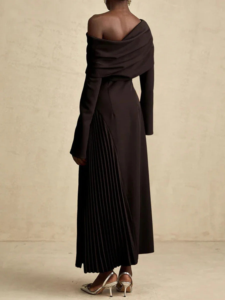 Solid Slimming Temperament Midi Dresses for Women Diagonal Neck Long Sleeves Minimalism Dress Female Clothing New