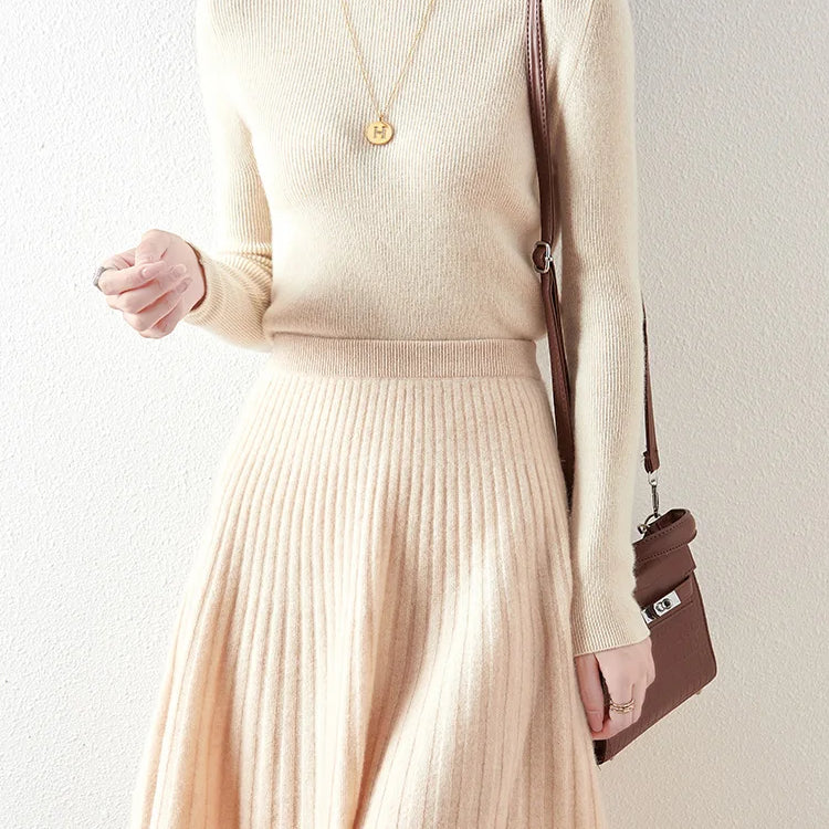 Autumn/Winter New 100% Wool Short Pleated Skirt Waist Cinching Slimming Knit Bottom Skirt Women's Bag Buttocks Umbrella Skirt