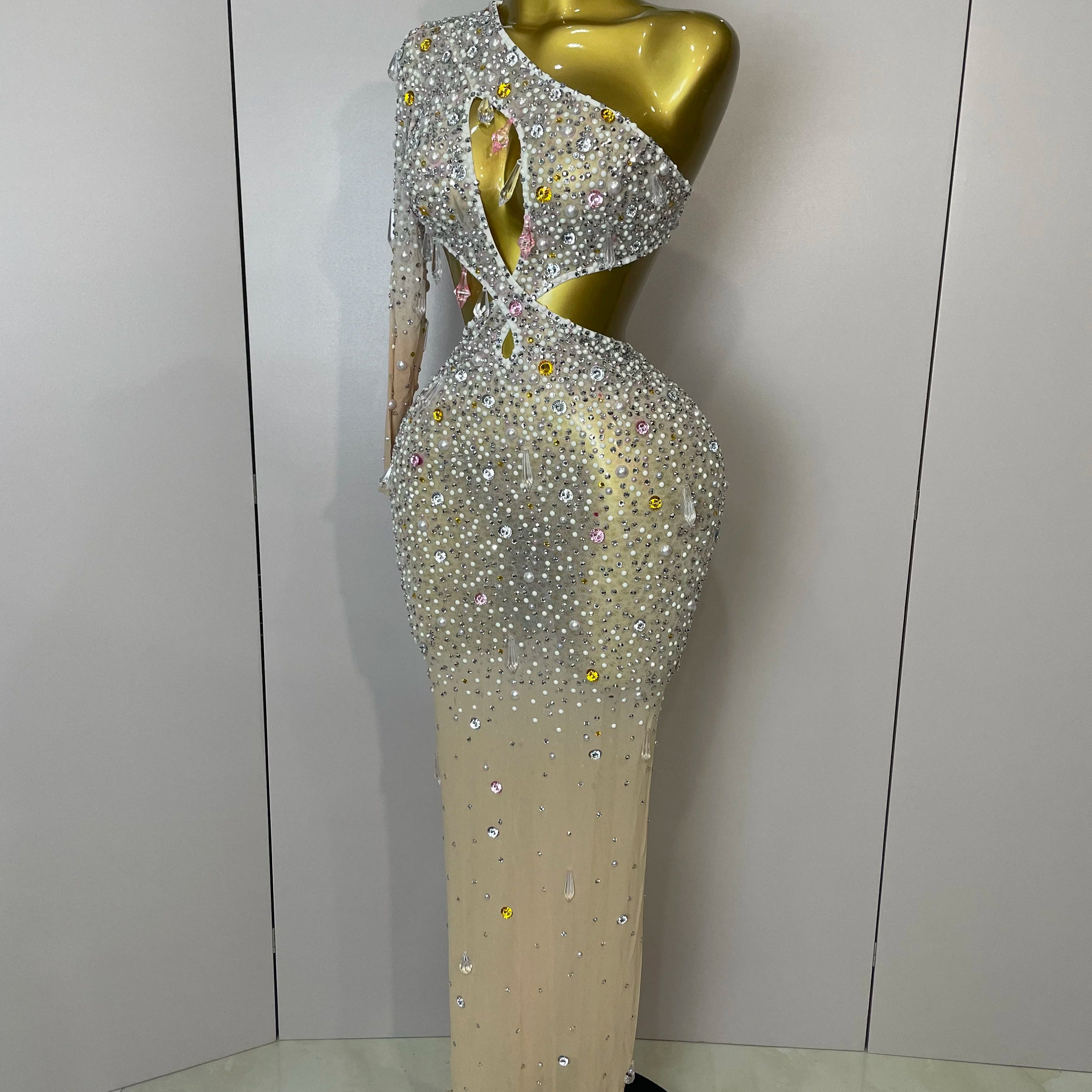 Stock 2025 Women Sexy One Shoulder Hollow Out Big Crystal Bodycon Long Dress Celebrate Nightclub Party Bar Singer Birthday Dress