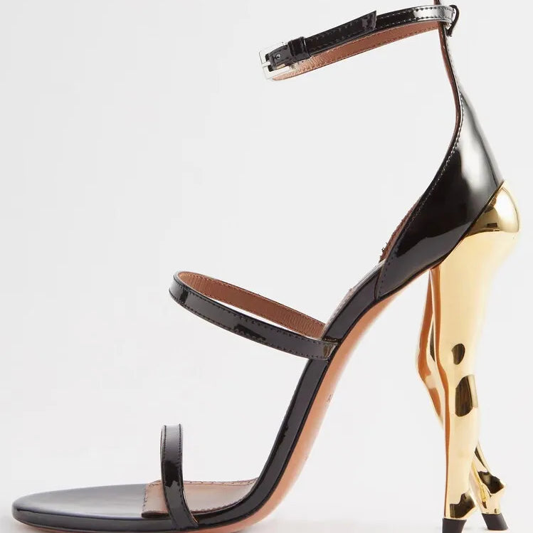 Women's New Lacquer Leather Black Show Irregular High Heel Knee Length Women's Boots Fashion Round Head Side Zipper Party Boots w525-Black gold heel