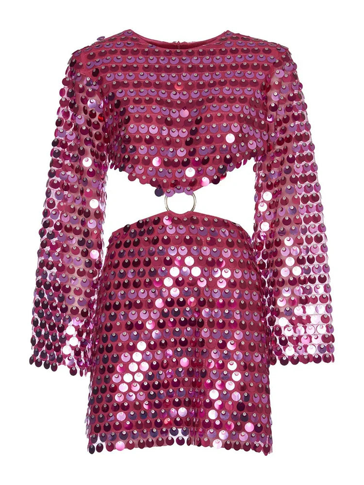 DEAT Fashion Trendy Women's Hollow Out Sequins Irregular Dress Spring New O-neck Long Sleeves Dresses Female 33A1208