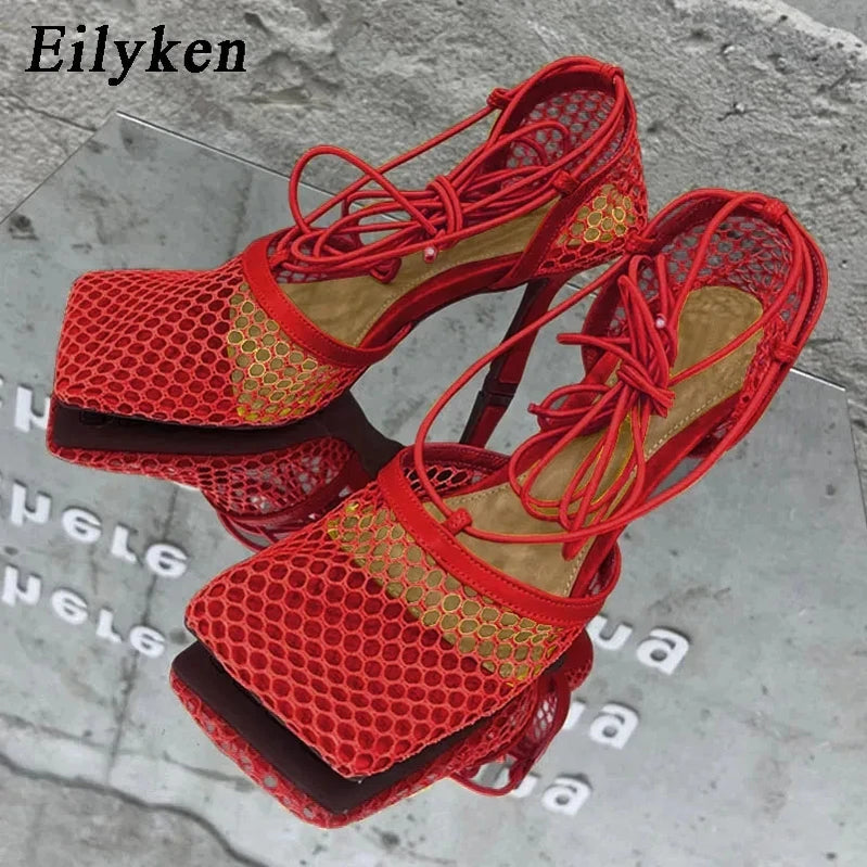 Eilyken Sexy Mesh Pumps Sandals Female Square Toe High Heel Lace Up Cross-Tied Stiletto Hollow Dress Shoes Zapatos Mujer
