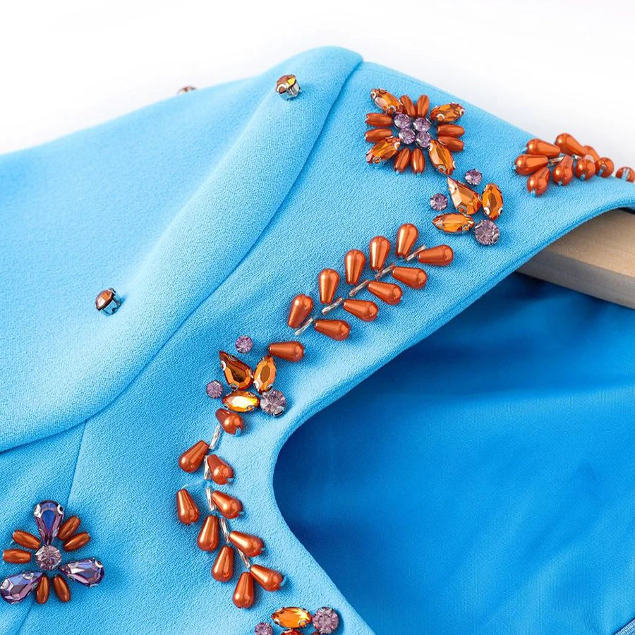 TWOTWINSTYLE Solid Slimming Spliced Bead Luxurious Dresses for Women Square Neck Long Sleeves Temperament Dress Female Clothing