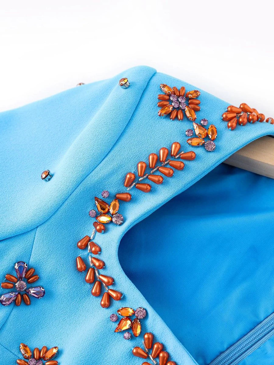 TWOTWINSTYLE Solid Slimming Spliced Bead Luxurious Dresses for Women Square Neck Long Sleeves Temperament Dress Female Clothing