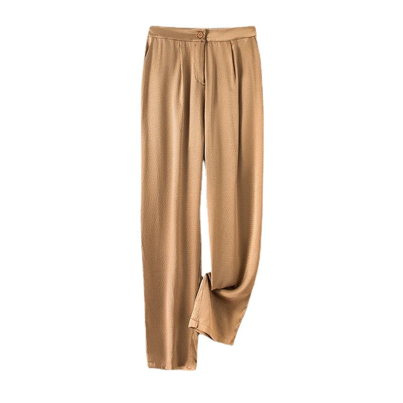Women's Fashion Spring New 93%Natural Mulberry Silk Elastic Pearl Satin Straight Leg Casual Ankle-Length Versatile Pants Khaki gold