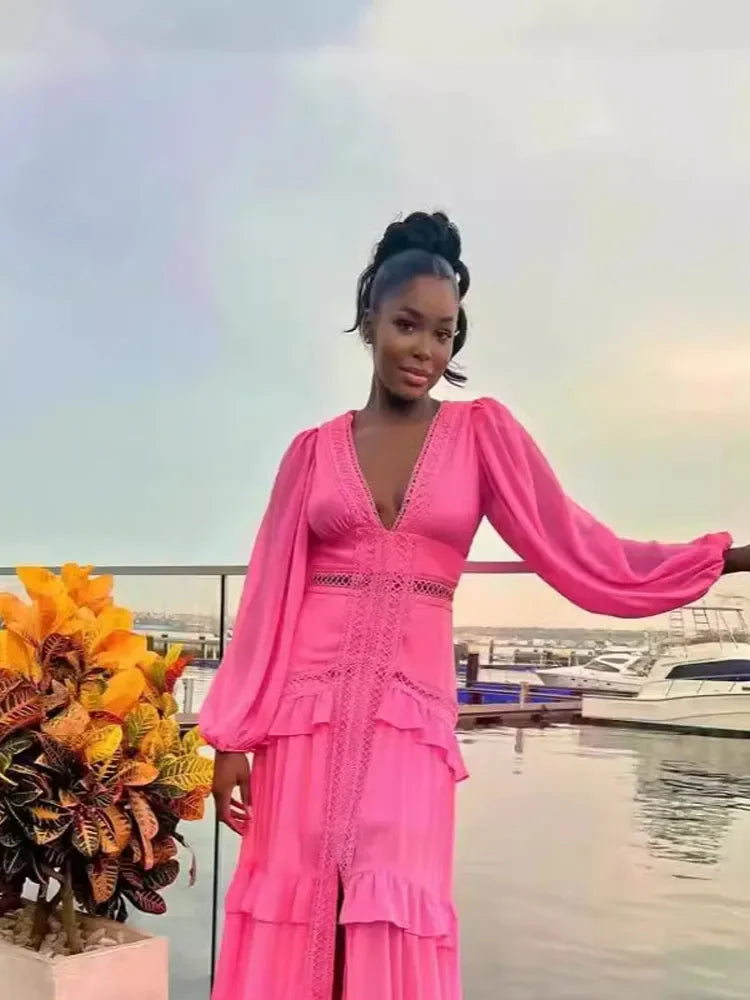 Women Elegant Layered Ruffles Patchwork Long Dress Chic V Neck Puff Full Sleeves Split Maxi Dresses Fashion Lady Party Robes rose red