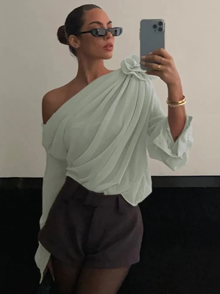 GACVGA Skew Collar Floral Mesh Chiffon Blouses Tops Tshirt Elegant T Shirt Fashion Crop Top See Through Women's Blouses & Shirts Green