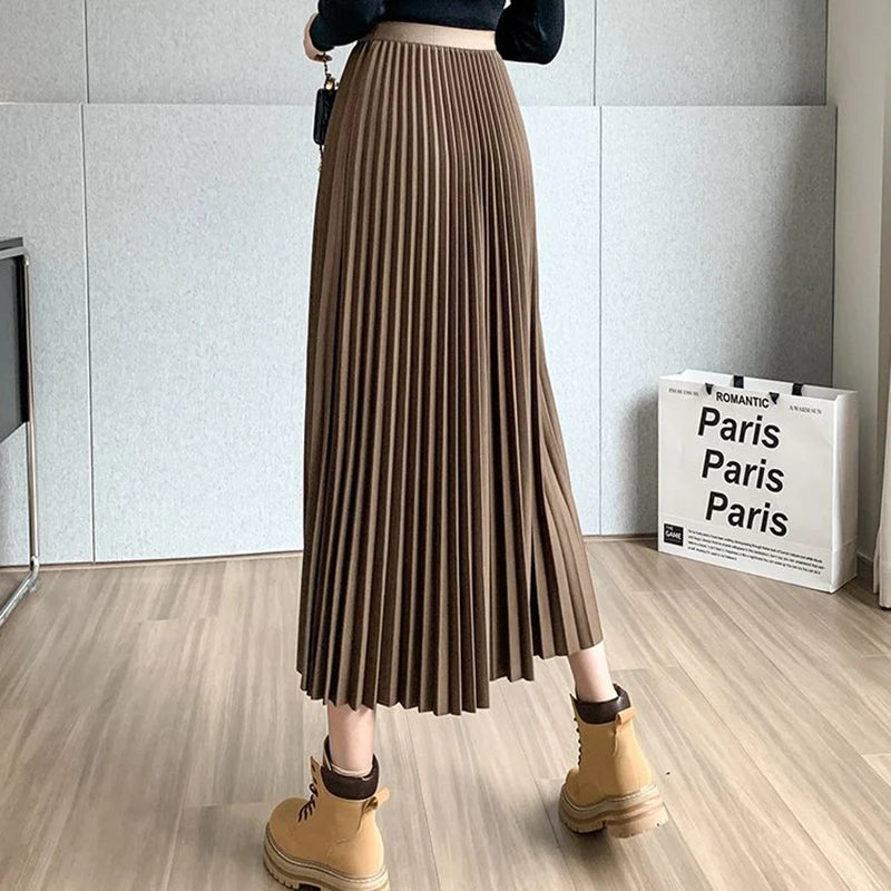 Vintage Streetwear Pleated Skirts Female Autumn Winter High Waist Irregular Long Skirt Women Fashion A Line Midi Skirts