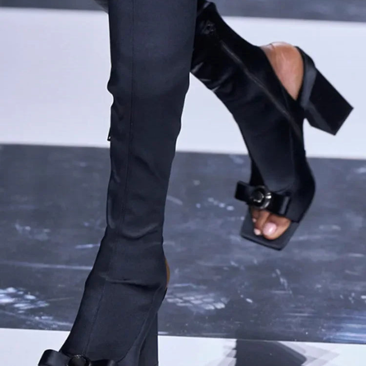 Women's Spring/Summer New Knee Long Women's Boots Fish Mouth Side Zipper Elastic Mid Sleeve Boots 44 Large Women's Boots Black satin