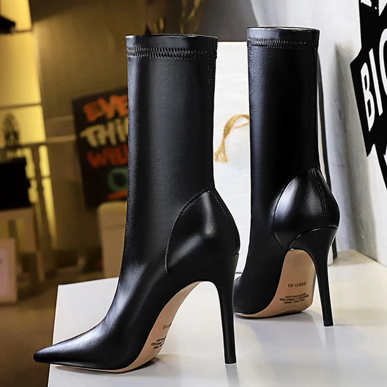 Women Leather 7.5cm 9.5cm High Heels Boots Lady Brown Spring Winter Warm Pointed Toe Boots Fetish Booties Nightclub Party Shoes