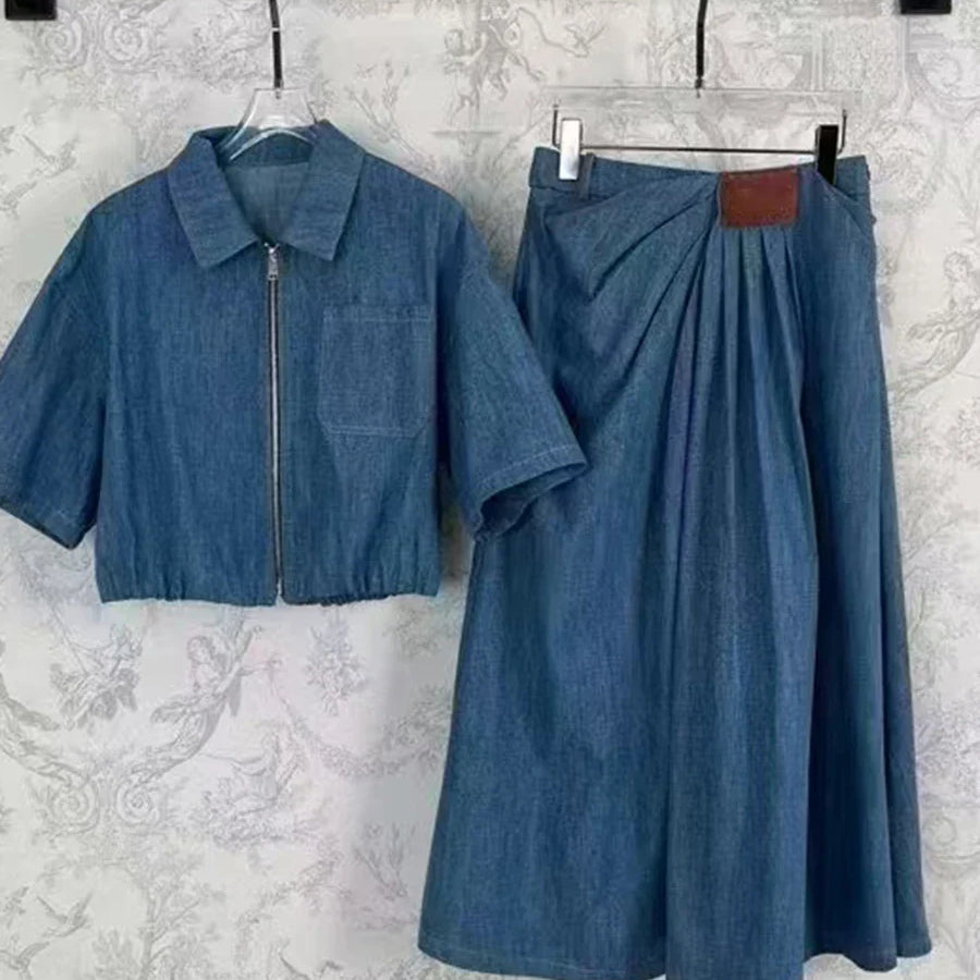 Solid Causal Two Piece Sets for Women Lapel Short Sleeves Spliced Zipper Top High Waist Skirt Set Female Fashion