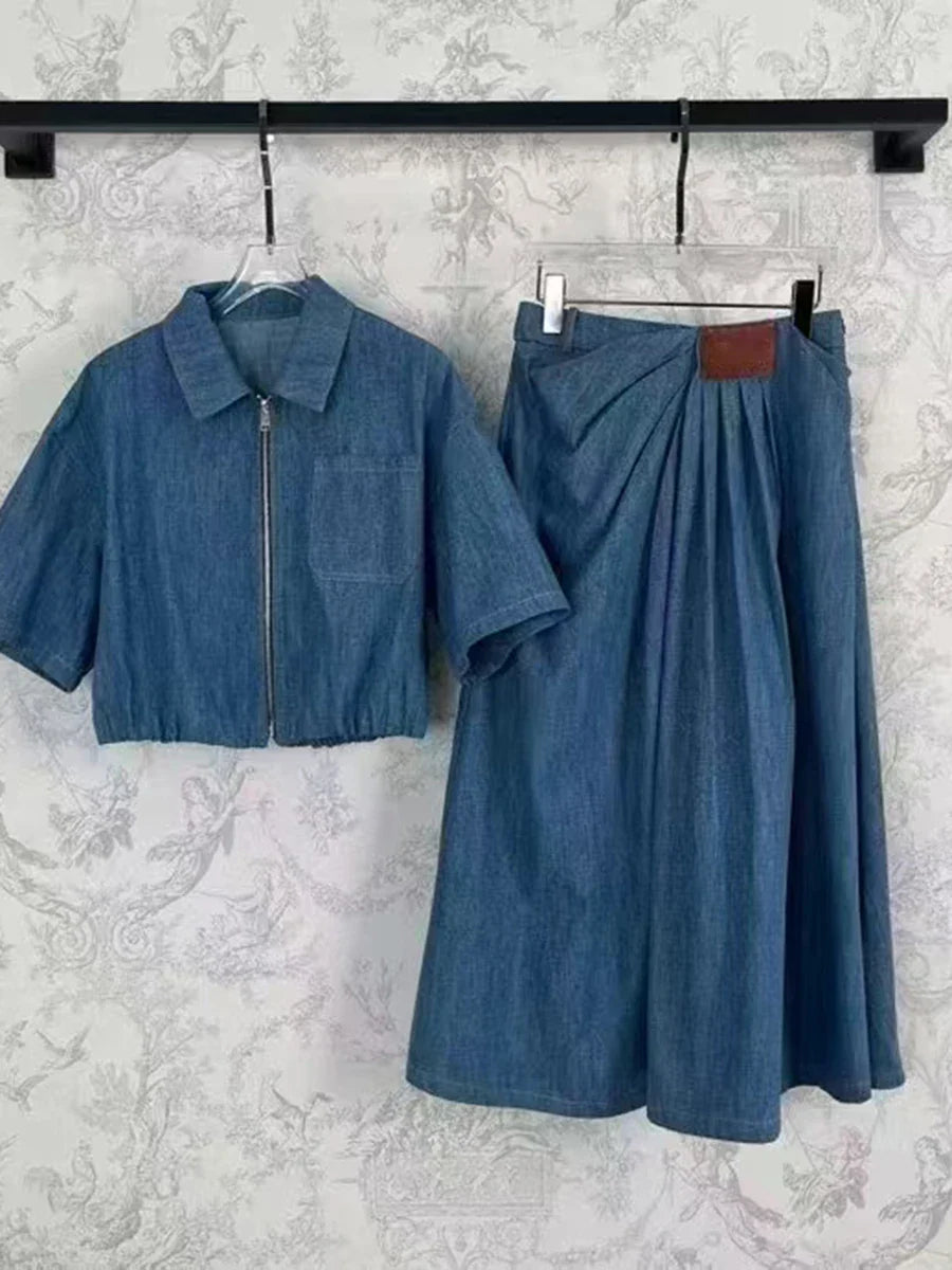 Solid Causal Two Piece Sets for Women Lapel Short Sleeves Spliced Zipper Top High Waist Skirt Set Female Fashion