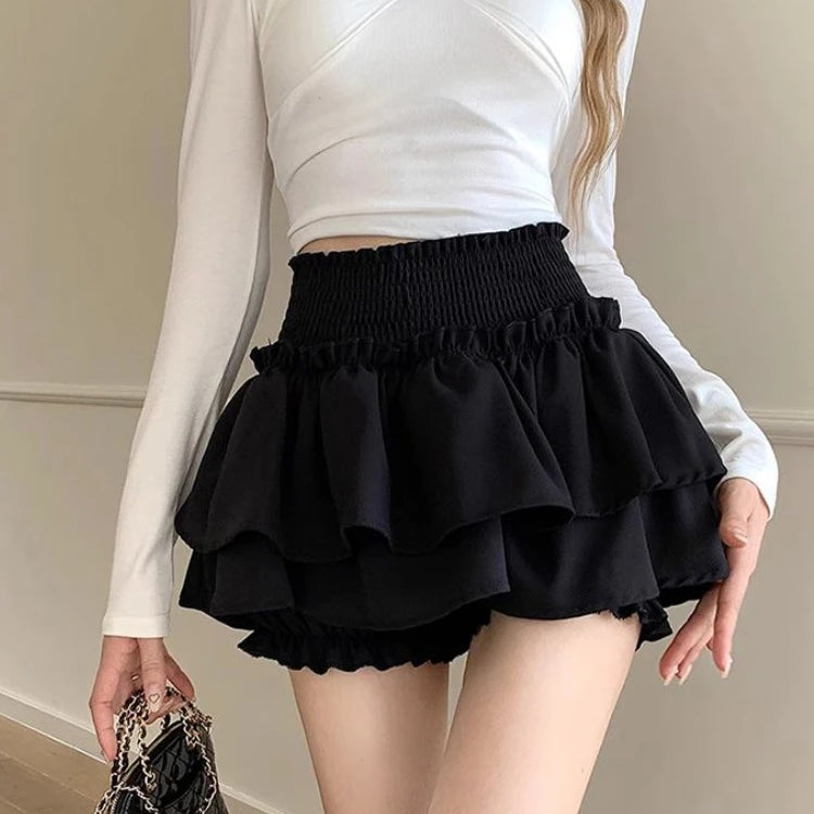 Kawaii Mini Skirt Women Cute Sexy Balletcore White Elastic High Waist A-line Ruffle Patchwork Lolita Skirt Shorts Korean Black