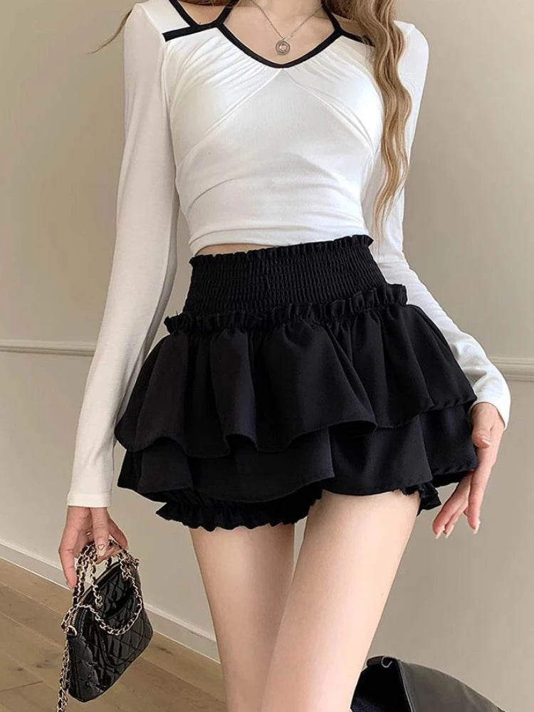 Kawaii Mini Skirt Women Cute Sexy Balletcore White Elastic High Waist A-line Ruffle Patchwork Lolita Skirt Shorts Korean Black