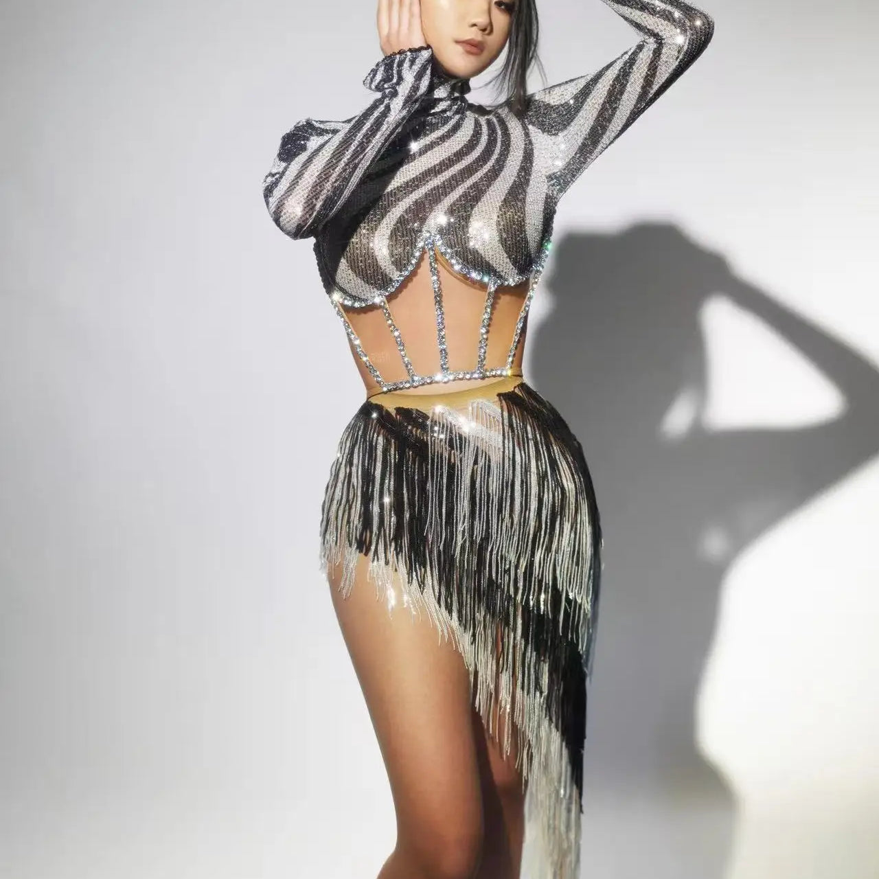 White Black Shinning Sequins Tassels Women Sexy Long Sleeve 2 Pieces Bodycon Mid-calf Dress Latin Performance Costume Stage Wear