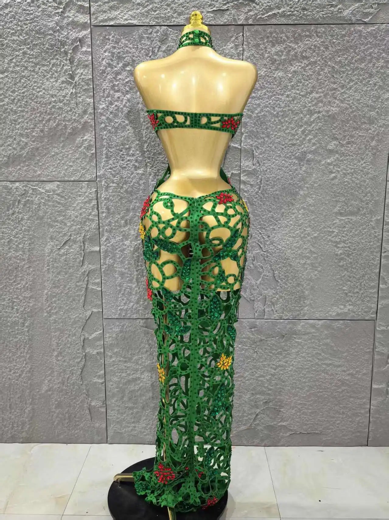 Women Sleeveless Sexy Hollow Out Shinning Rhinestones Bodycon Long Dress Backless Celebrate Nightclub Party Celebrity Stage Wear