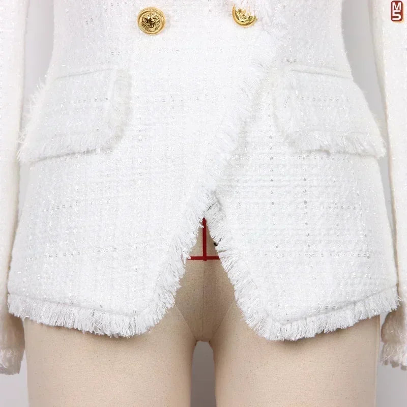 Fashionable and elegant tweed women's suit jacket with tassel edge gold buttons, high-quality design - black and white
