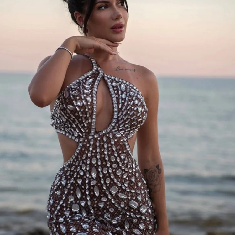 Robe courte sexy en maille à paillettes et cristaux pour femme, tenue de soirée, de bar, de discothèque, de spectacle sur scène