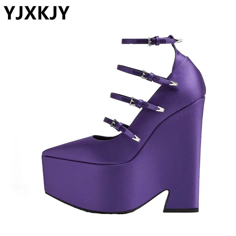 Yjxkjy 2023 Весенняя осенняя женская обувь супер высокая каблука мода мода Мэри Джейн Толстая пряжка шоу ночной клуб.