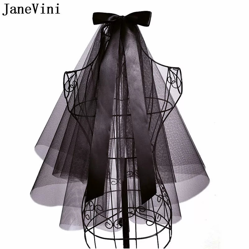 Gothic Black Wedding Veil with Comb Short 2 Layers Bow Tulle Bridal Veils Bride Veil for Bachelorette Party Accessories
