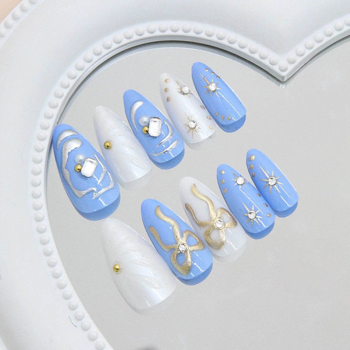 24pcs Dark Blue Press on Nails Starnight Swan Print Sweet Cool False Nails for Girl Wearable Reusable Almond Fake Nail Tips